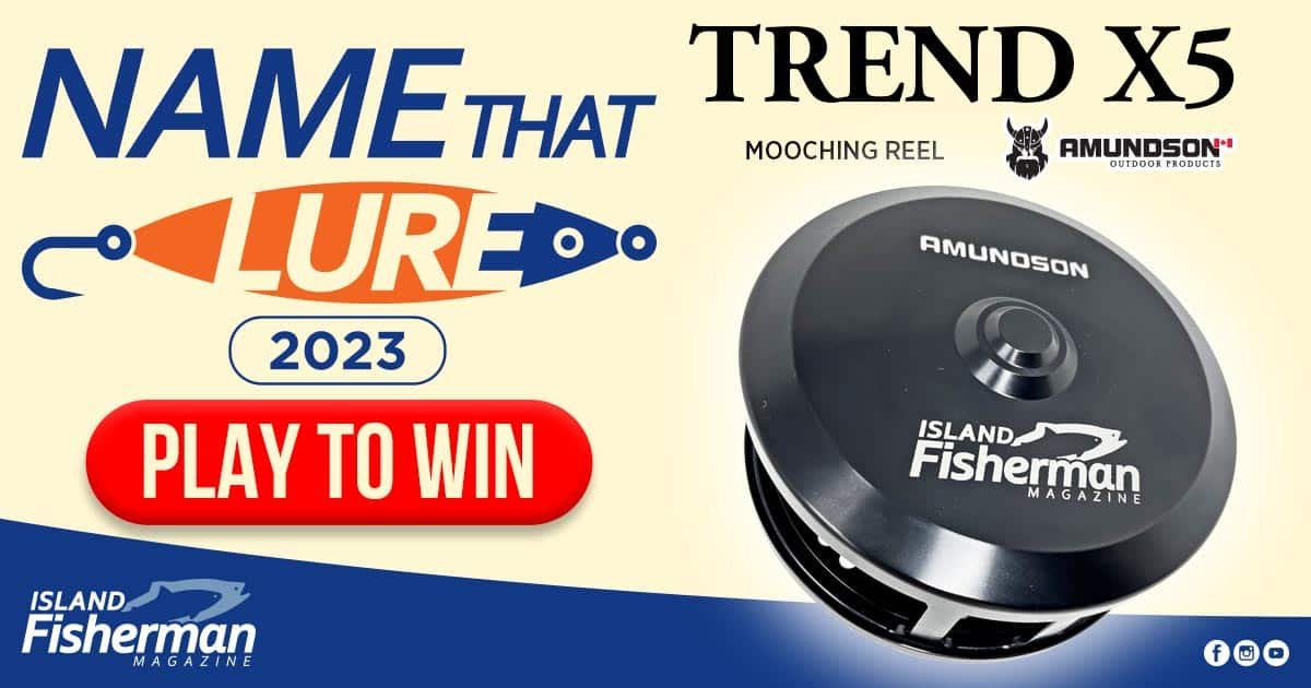 Mooching reel labeled 'Trend X5' by Amundson, displayed prominently with the text 'Name That Lure 2023' and 'Island Fisherman Magazine'.