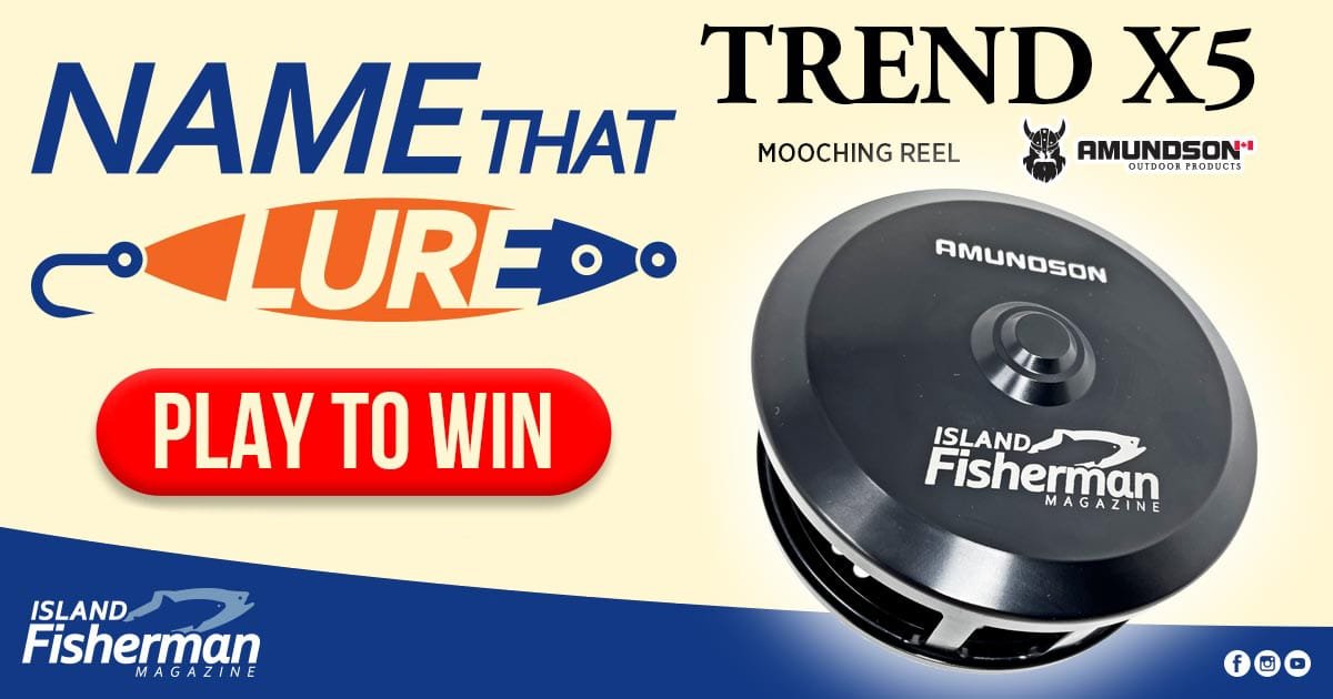 Amundson Trend X5 mooching reel displayed prominently with a lure graphic and text inviting participation in a contest.