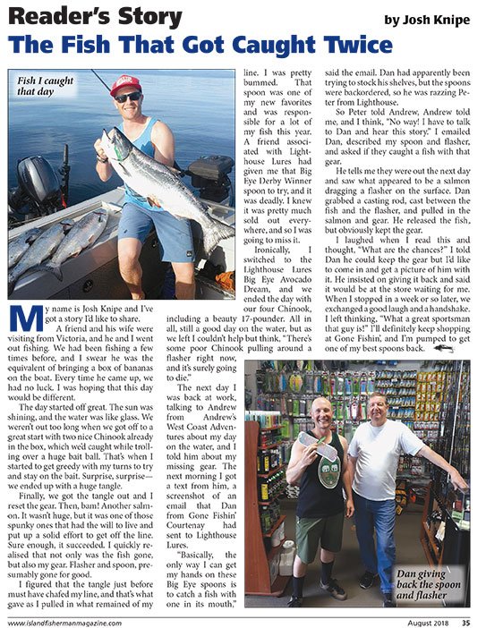 Article titled 'The Fish That Got Caught Twice' by Josh Knipe, featuring a story about fishing experiences and techniques.