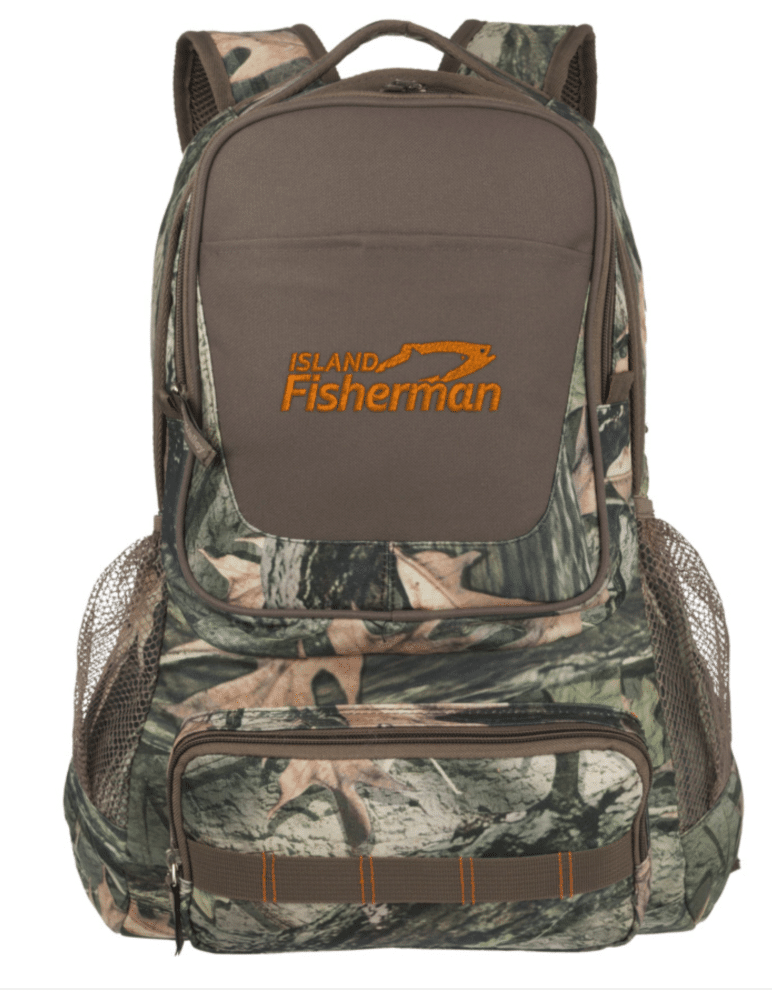 Camouflage backpack with the text 'Island Fisherman' embroidered on the front in orange. Features multiple compartments and mesh side pockets.