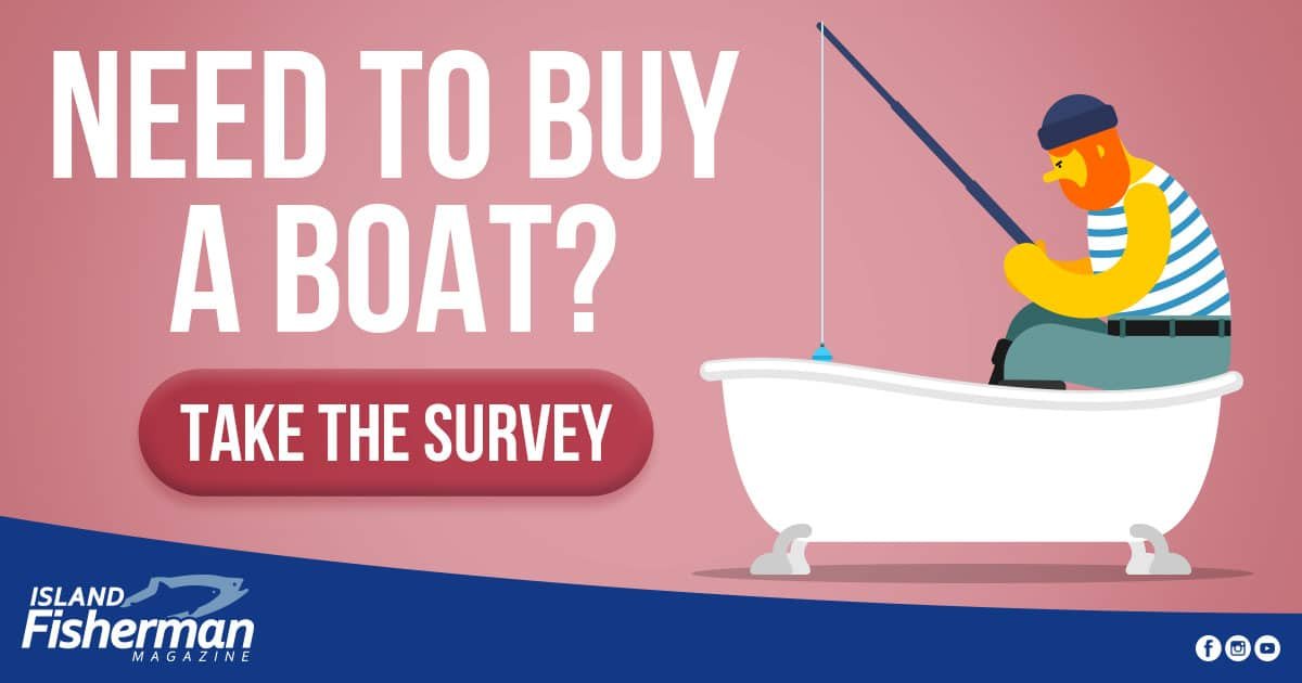Illustration of a man fishing from a bathtub, promoting a boat buyer survey for Island Fisherman Magazine.