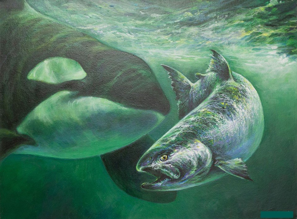 An orca and a salmon swimming underwater, showcasing their natural interaction in a marine environment.
