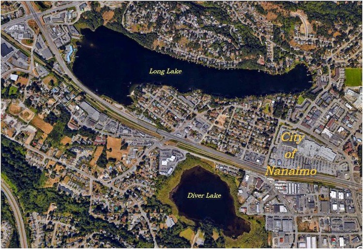 Aerial view of Long Lake and Diver Lake in Nanaimo, British Columbia, showing surrounding residential areas and roadways.