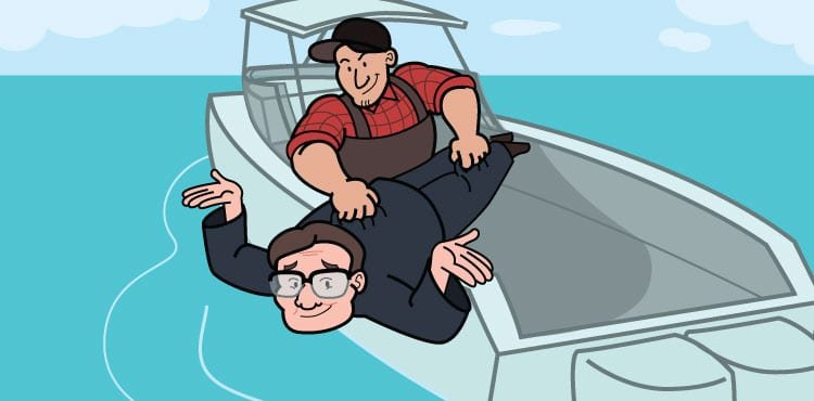 Cartoon depicting two men on a boat, one wearing glasses and lying down while the other stands behind him, both on a blue ocean.