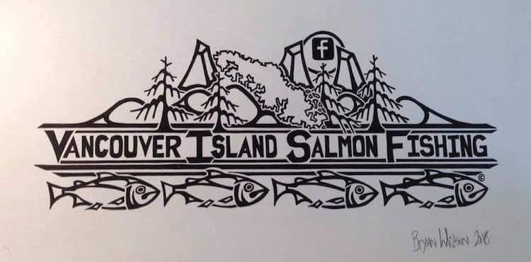 Logo for Vancouver Island Salmon Fishing featuring stylized fish, mountains, and trees with a Facebook icon.