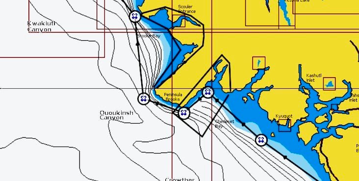 Detailed nautical chart showing the coastline, waterways, and topographical features of an area near Peninsula Point.