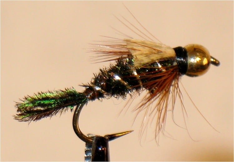 Colorful fishing fly with feathers Tying the Zug-bug (bead-head)