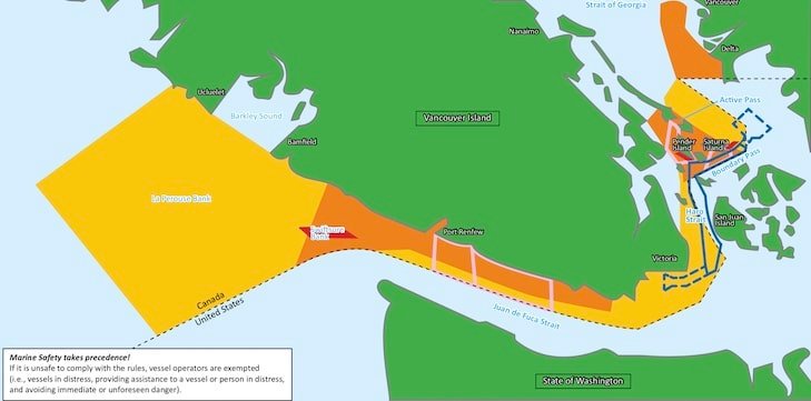 Map depicting marine safety zones and navigation routes around Vancouver Island, including areas of Canada and the United States.