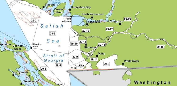 Map of the Salish Sea and Strait of Georgia, showing various locations including North Vancouver, Richmond, and surrounding areas.