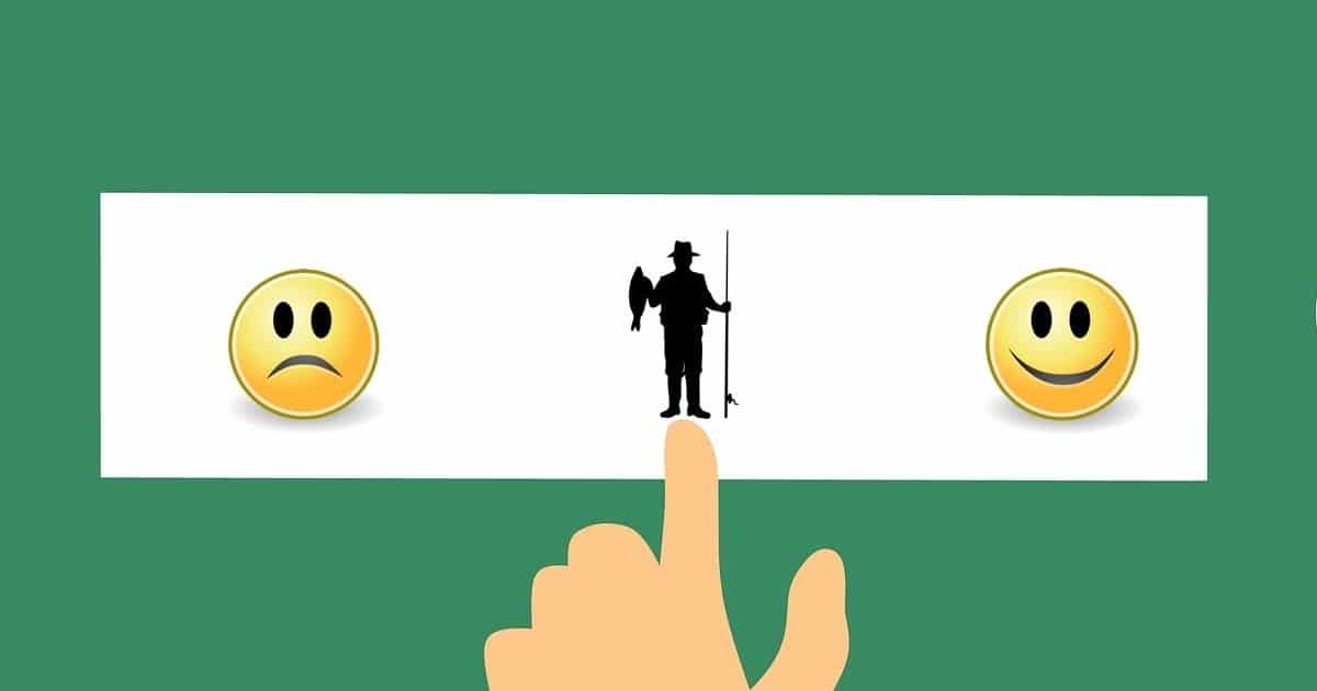 A hand pointing at a silhouette of a person holding a fishing rod, flanked by a sad face emoji on the left and a happy face emoji on the right.