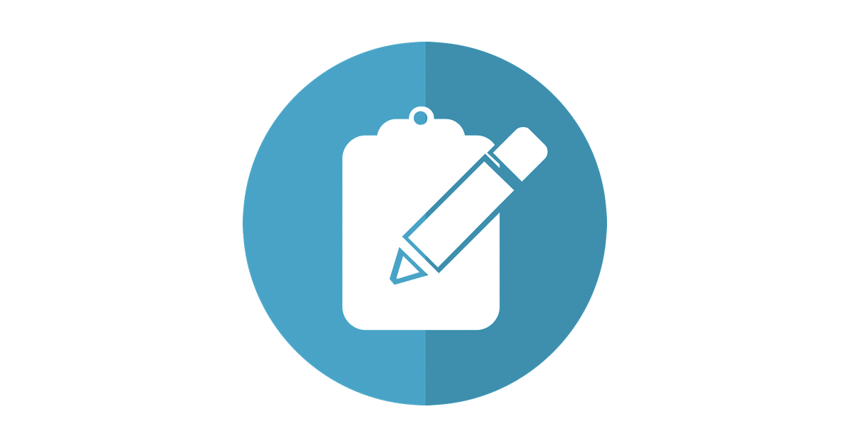 Graphic of a clipboard with a pencil icon, set against a circular blue background.