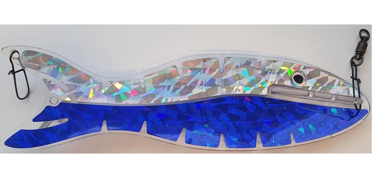 A fish-shaped fishing lure with a reflective silver and blue design, featuring a hook and swivel attachment.