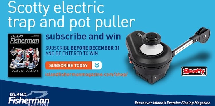Scotty electric trap and pot puller displayed with promotional text for Island Fisherman Magazine subscription offer.