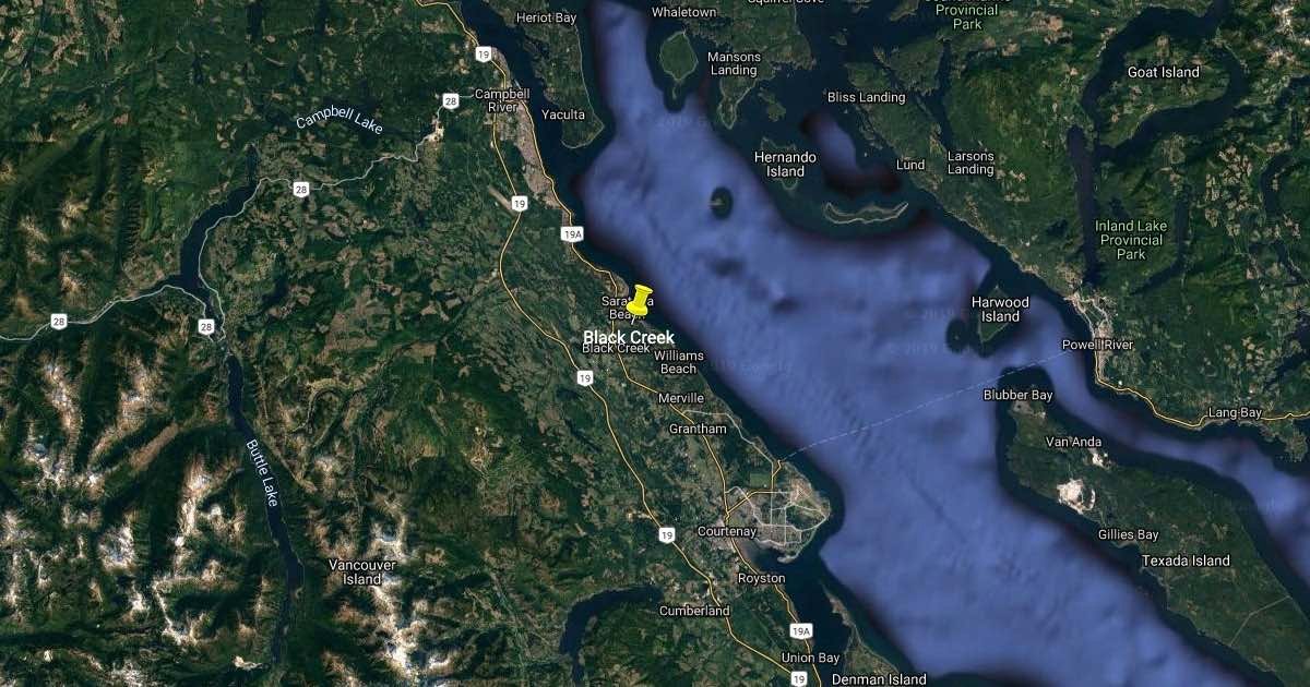Map showing Black Creek, a location on Vancouver Island, with surrounding water bodies and land features detailed.