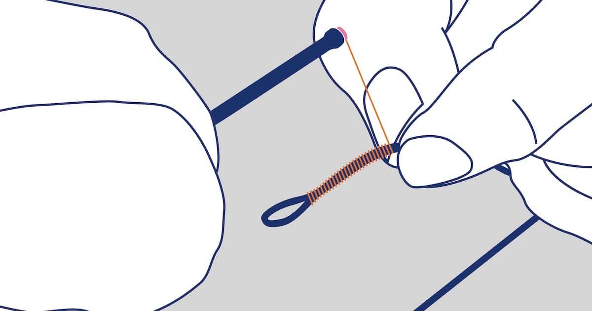 Illustration of hands tying a fishing knot, demonstrating the process with a loop and a line wrapped around it.
