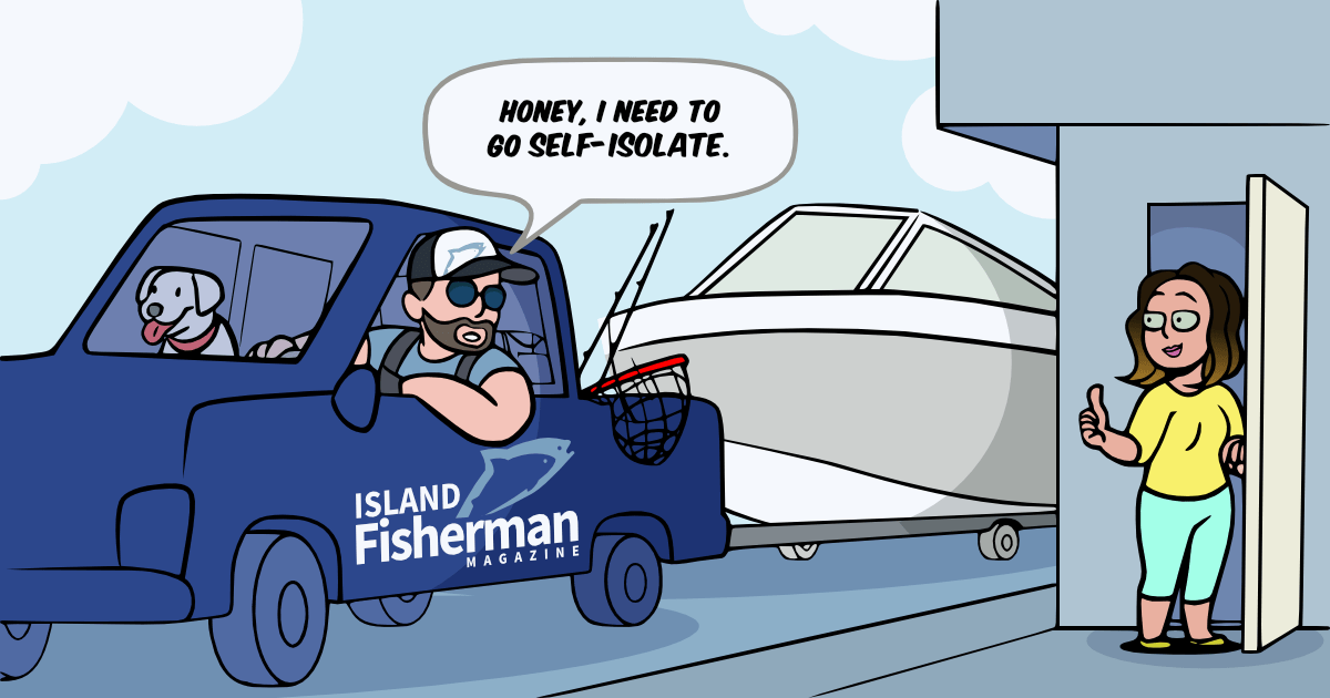 Cartoon of a man in a blue truck with a dog, speaking to a woman at a door, with a boat in the background.