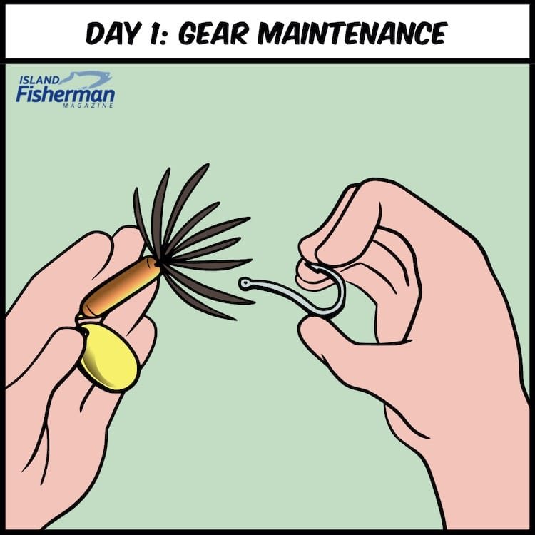 Illustration showing hands performing gear maintenance on fishing equipment, including a lure and a hook.