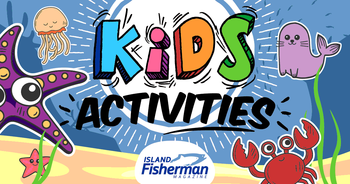 Colorful illustration featuring the words 'Kids Activities' with marine-themed graphics including a starfish, jellyfish, seal, and crab.
