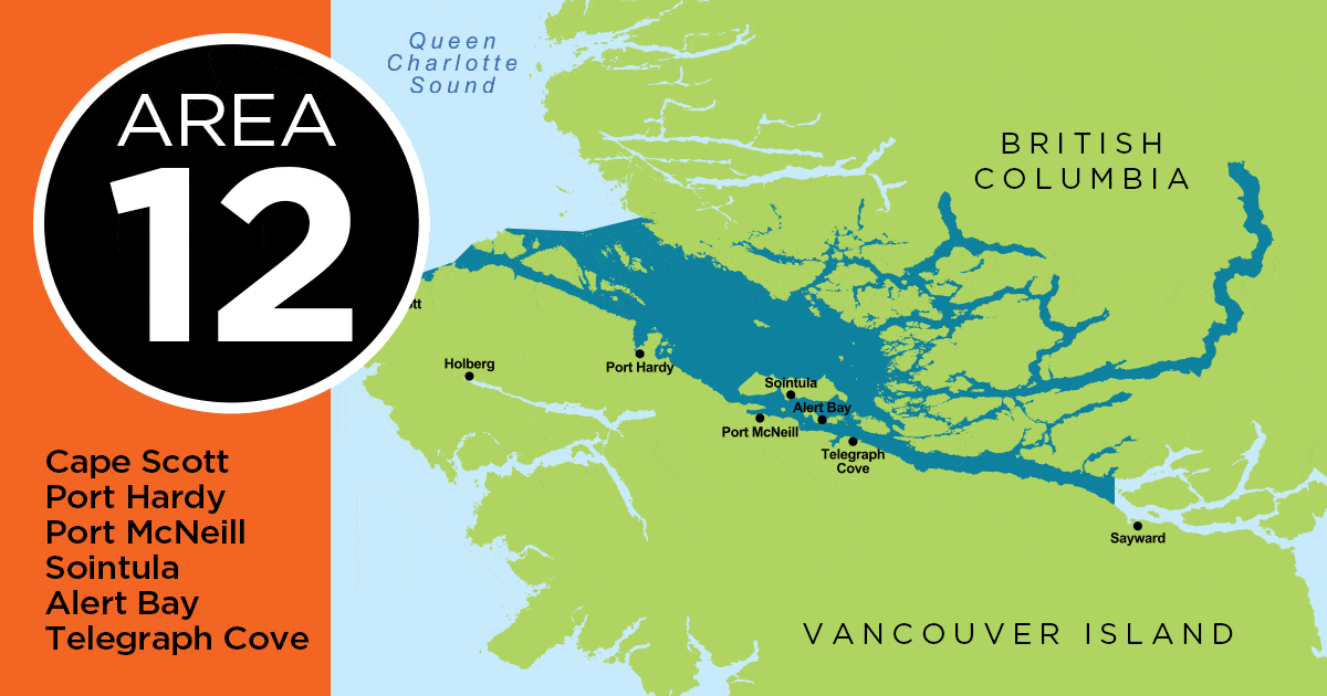 Port Hardy Fishing Report Map of Area 12 in British Columbia, highlighting Cape Scott, Port Hardy, Port McNeill, Sointula, Alert Bay, and Telegraph Cove on Vancouver Island.