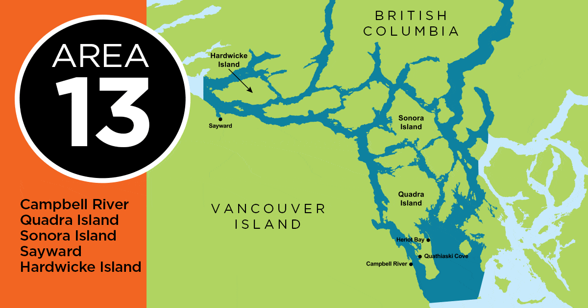 Campbell River Fishing Report Map of Area 13 in British Columbia, highlighting Campbell River, Quadra Island, Sonora Island, Sayward, and Hardwicke Island.