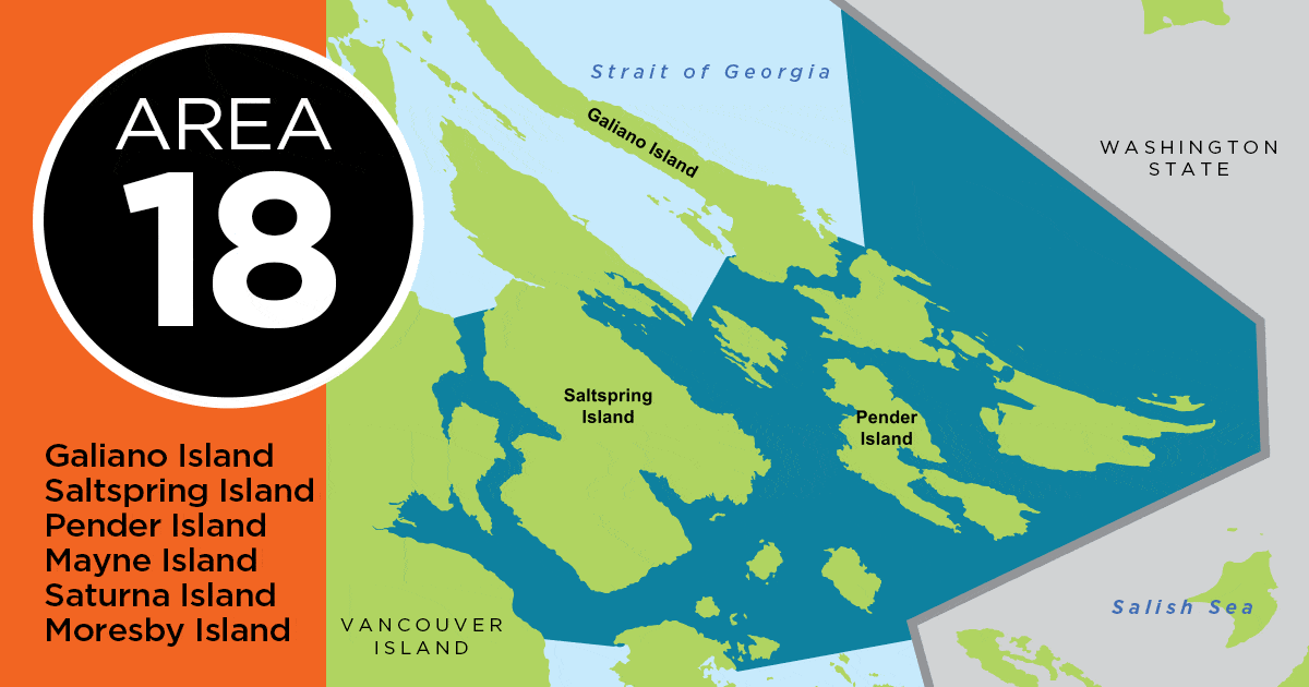 Gulf Islands Fishing Report Map illustrating Area 18, including Galiano Island, Saltspring Island, Pender Island, Mayne Island, Saturna Island, and Moresby Island.
