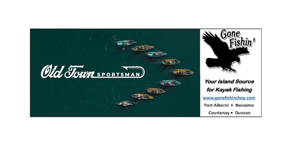 Aerial view of kayaks arranged in a line with the Old Town Sportsman logo prominently displayed.