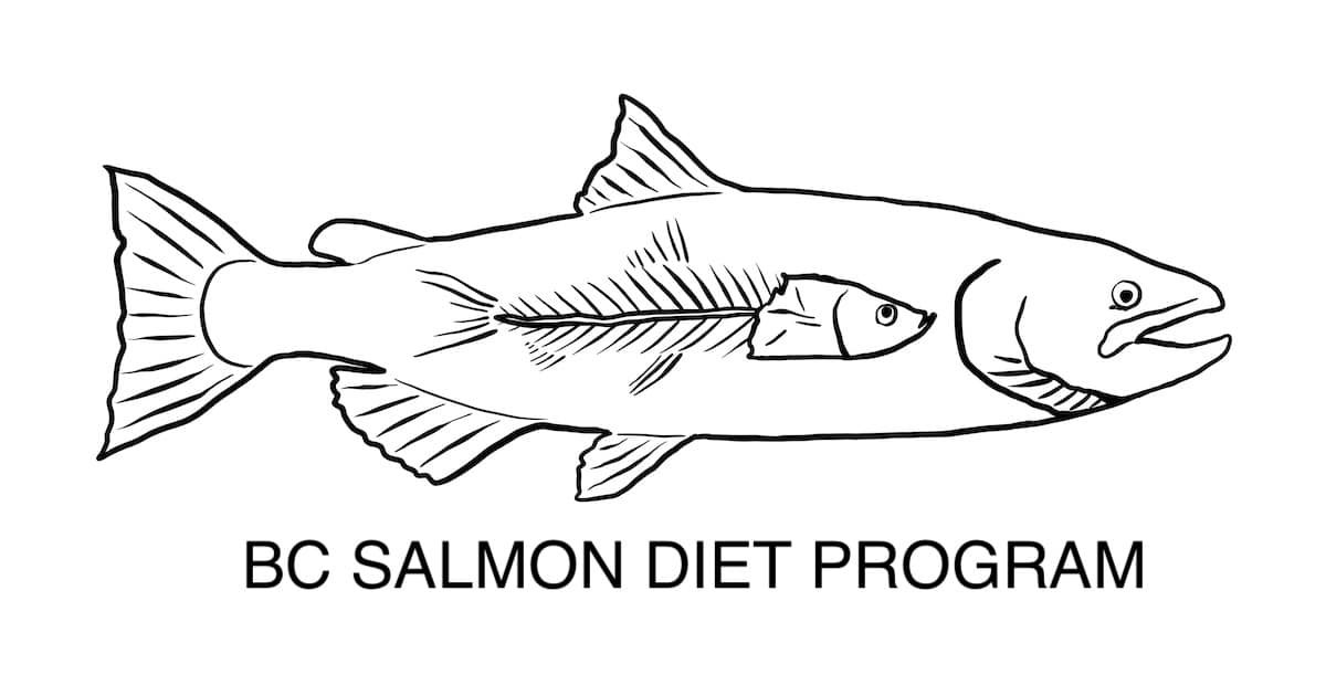 Illustration of a salmon with a smaller fish inside, labeled 'BC Salmon Diet Program'.