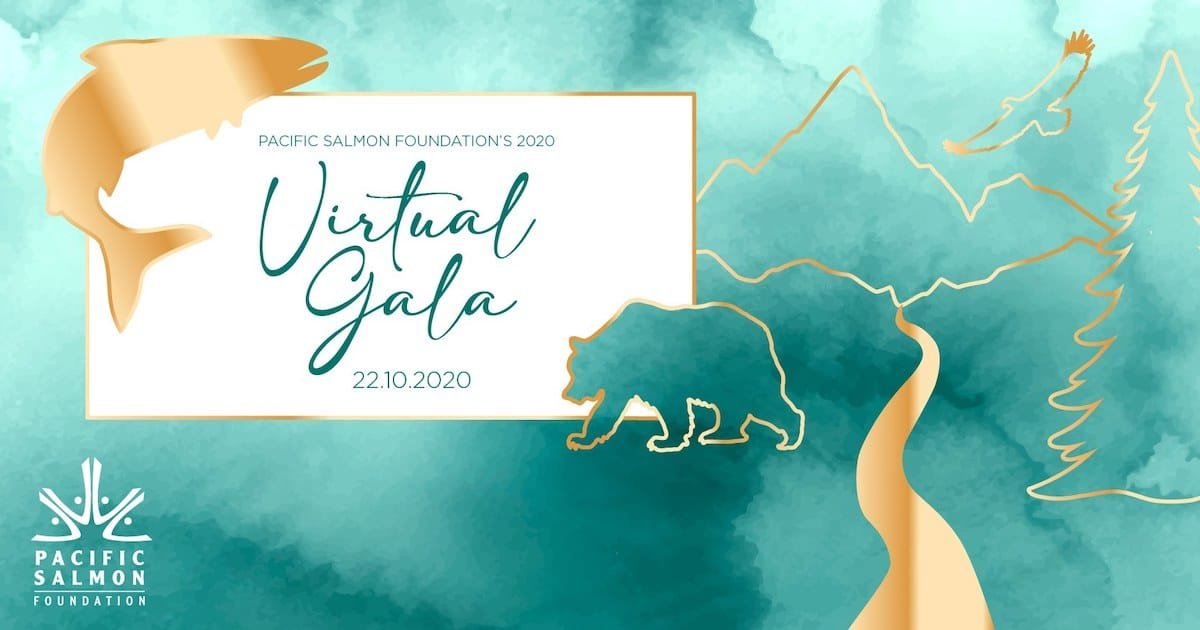 Graphic design for the Pacific Salmon Foundation's 2020 Virtual Gala featuring a salmon, bear, mountains, and trees in a teal background.