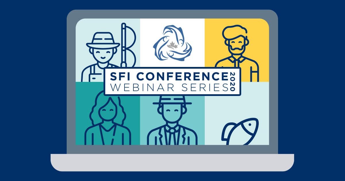 Illustration of a laptop screen displaying the SFI Conference 2020 Webinar Series with various character icons and a fish logo.