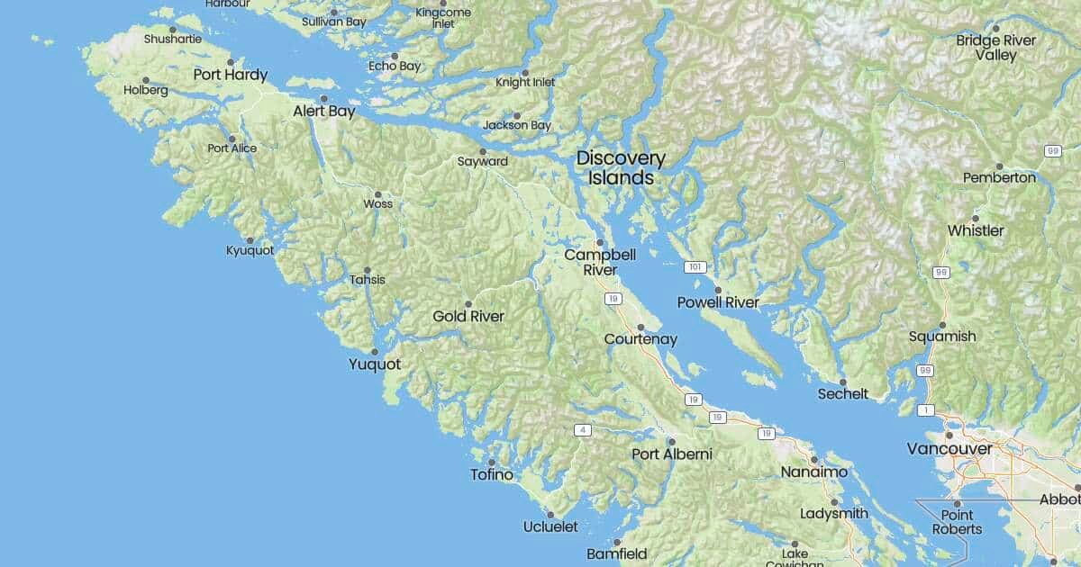 Map of Discovery Islands, showing geographical features and locations including Campbell River and Powell River on Vancouver Island.