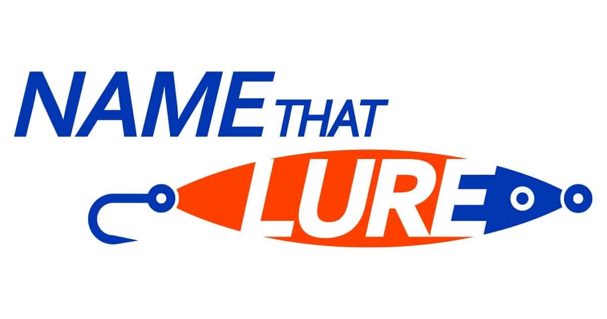 Logo for 'Name That Lure' featuring bold text and a graphic of a fishing lure with a hook.
