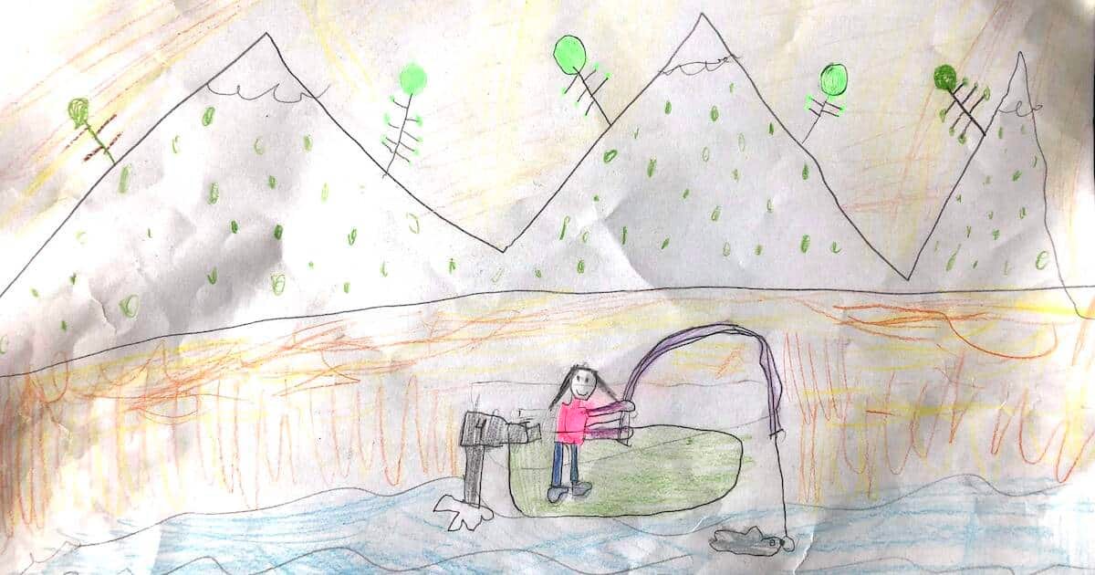 Child's drawing depicting a girl fishing from a small boat on water, with mountains and trees in the background.