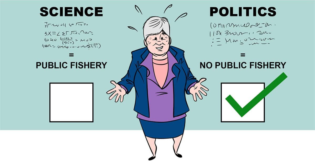 Illustration depicting a woman with a confused expression, balancing science and politics regarding public fishery regulations.