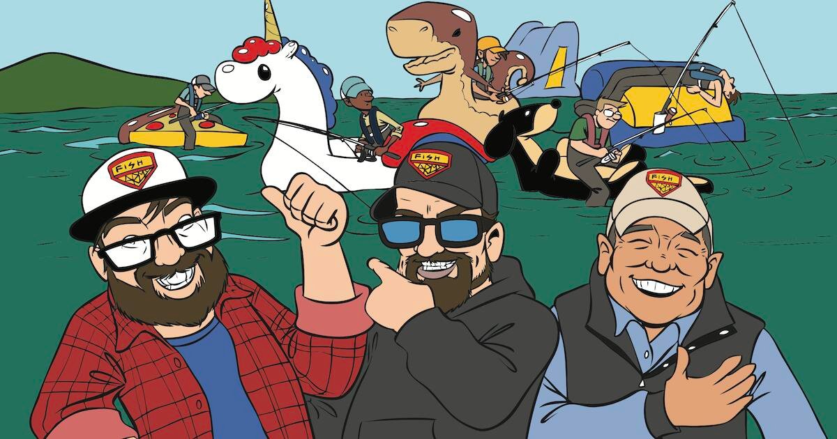 Three men smiling and posing in front of a cartoon-style fishing scene with various characters and a unicorn float in the water.