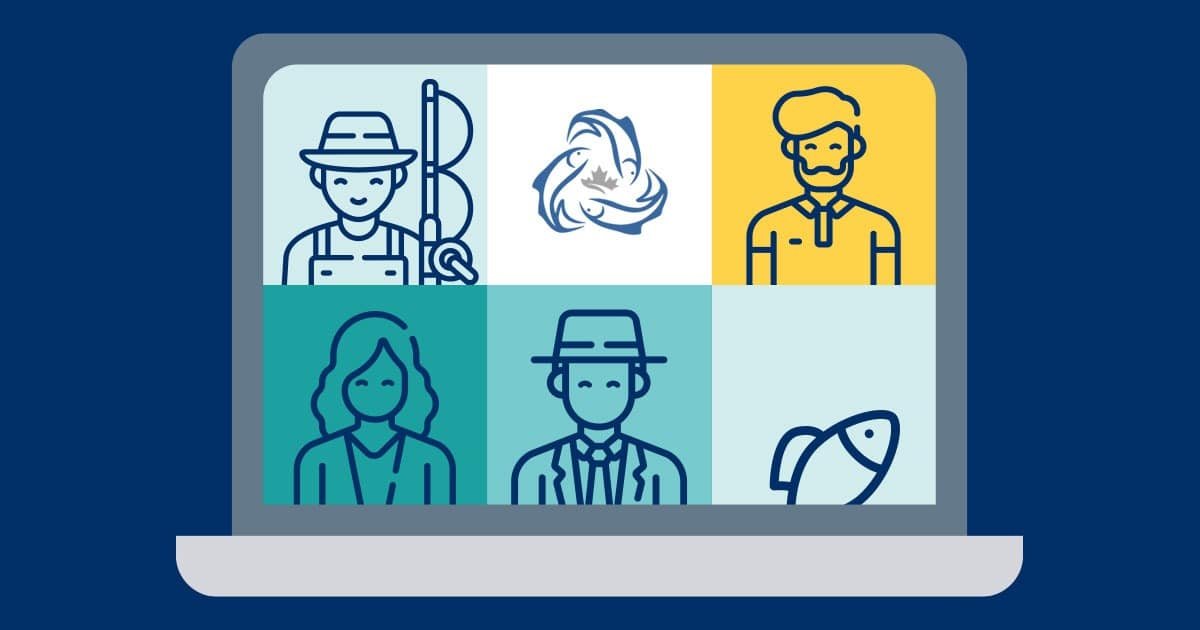 Illustration of a laptop screen displaying six icons representing fishing professionals and a fish symbol.