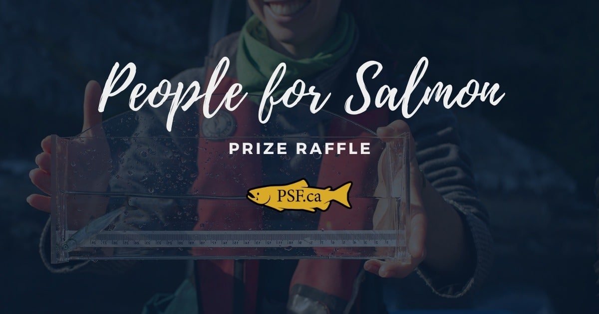 Individual holding a transparent container with a ruler, promoting a raffle for People for Salmon with a logo and text overlay.