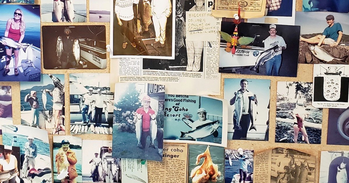 Collage of vintage fishing photographs featuring various anglers with their catches, showcasing a range of fish species and fishing experiences.