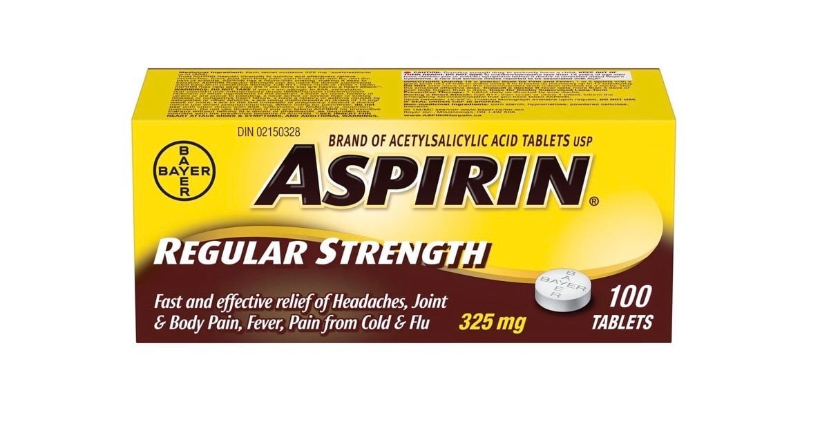Box of Bayer Aspirin Regular Strength containing 100 tablets, each with 325 mg of acetylsalicylic acid for pain relief.