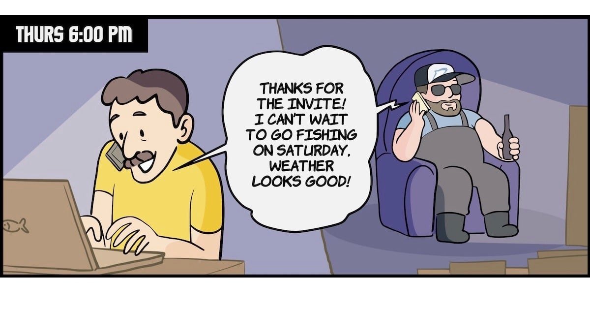 Cartoon illustration of two friends discussing fishing plans, one on a computer and the other relaxed in a chair.