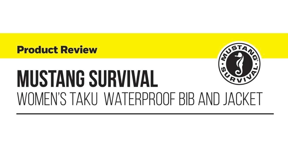Mustang Survival women's Taku waterproof bib and jacket product review with logo and title in a clean design.