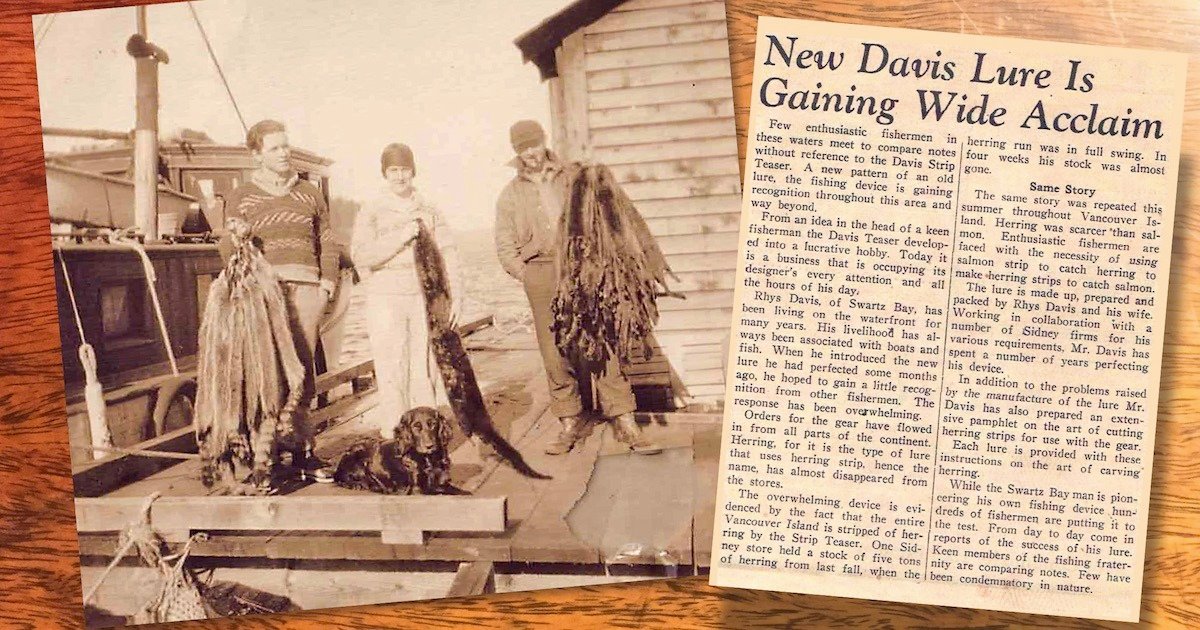 Historical photograph featuring three individuals holding fishing catches, with a dog sitting beside them, and a newspaper clipping about the Davis Lure.