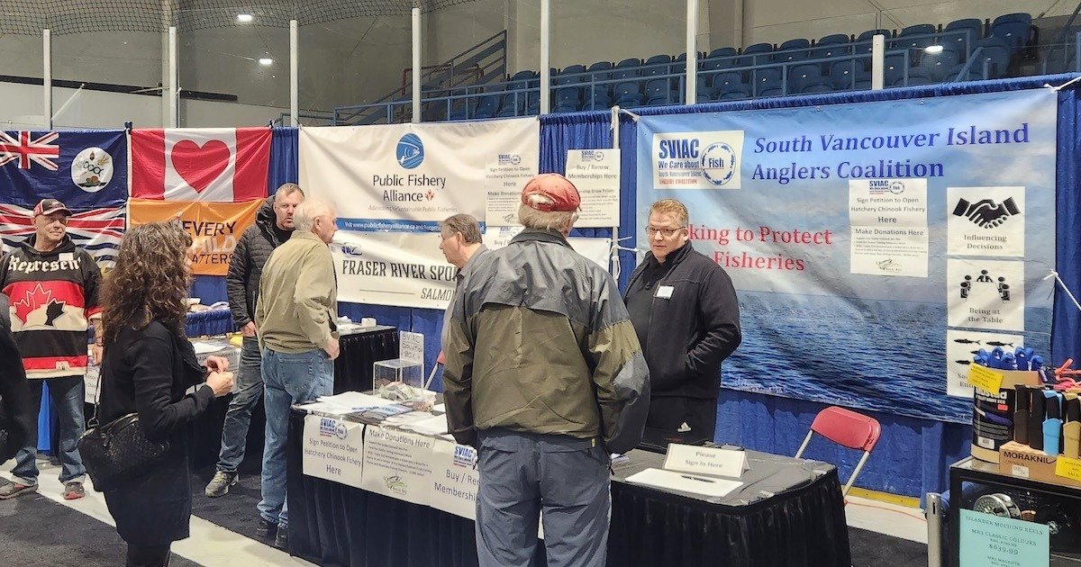 Booth at the Victoria Outdoor Show featuring displays from the South Vancouver Island Anglers Coalition and Public Fishery Alliance.