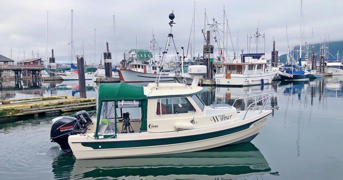A fishing boat named 'Wilbur' with a green canopy, moored in a marina surrounded by various other boats.