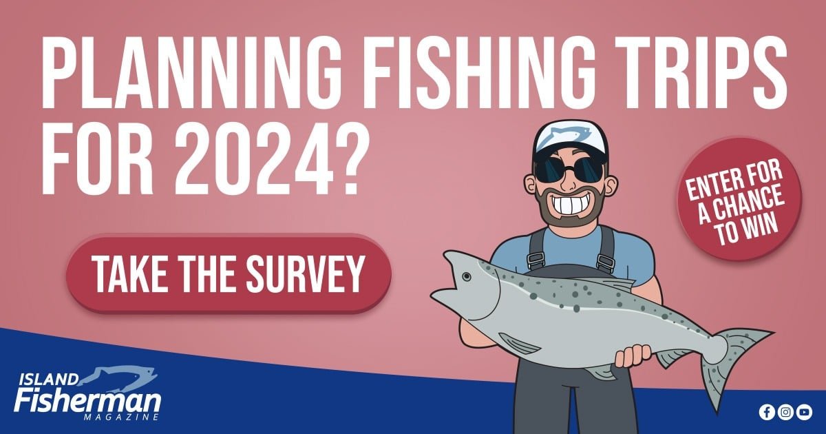 Illustration of a smiling fisherman holding a large fish, with text about planning fishing trips and a survey invitation.