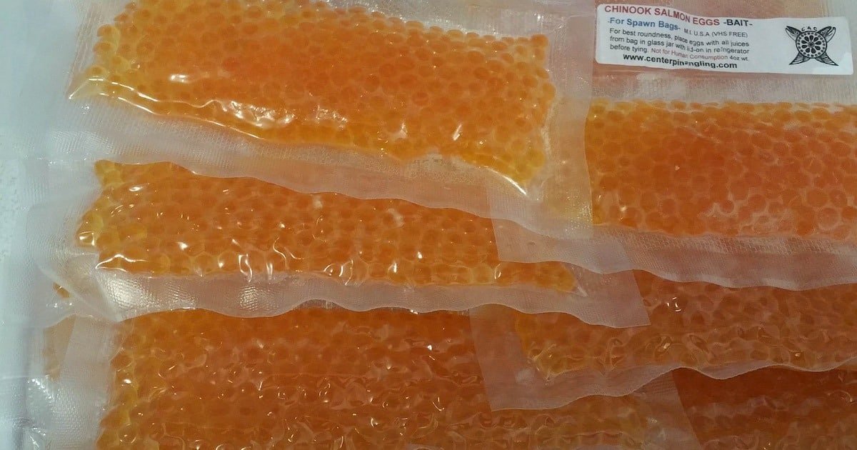 Vacuum-sealed packages containing Chinook salmon eggs, typically used for bait in fishing.