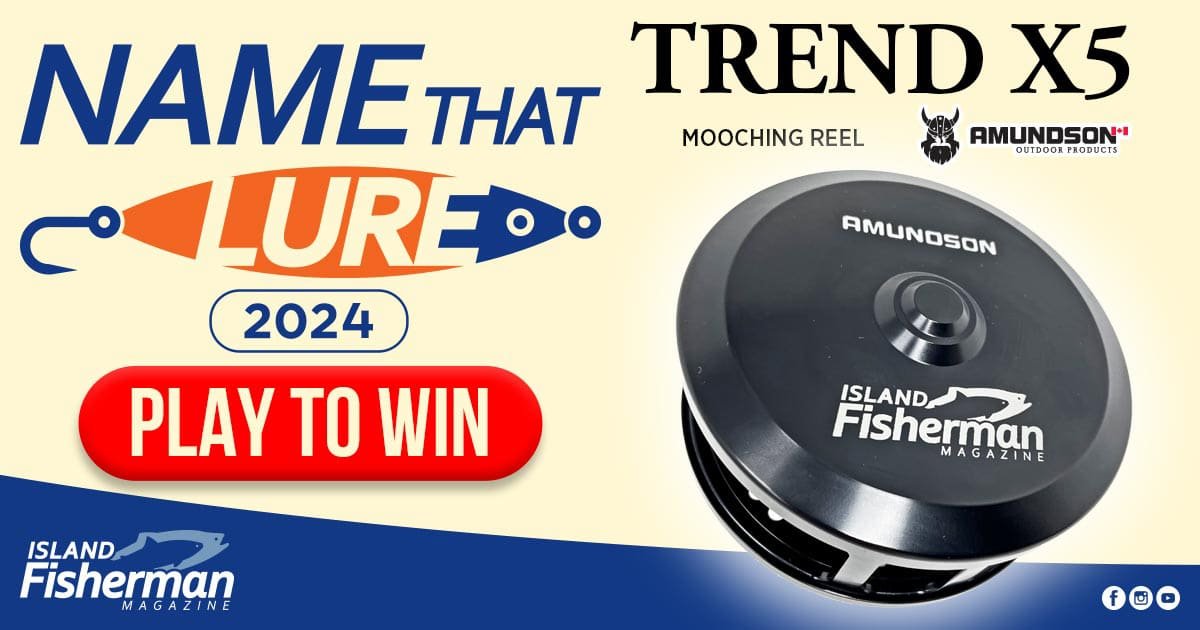 Amundson Trend X5 mooching reel displayed prominently with the text 'Name That Lure 2024' and a red 'Play to Win' button.