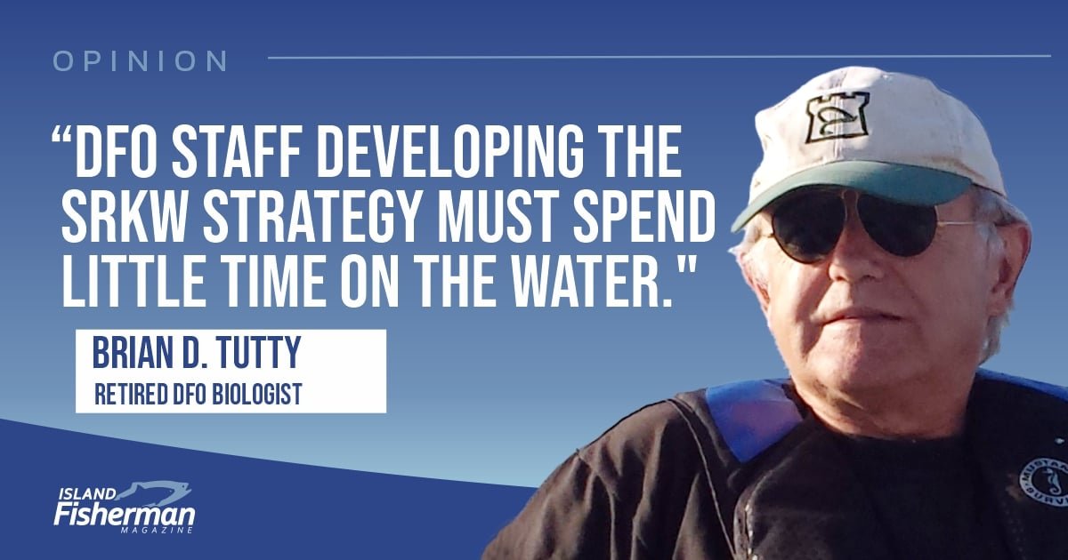 Retired DFO biologist Brian D. Tutty wearing sunglasses and a cap, expressing an opinion on the SRKW strategy.