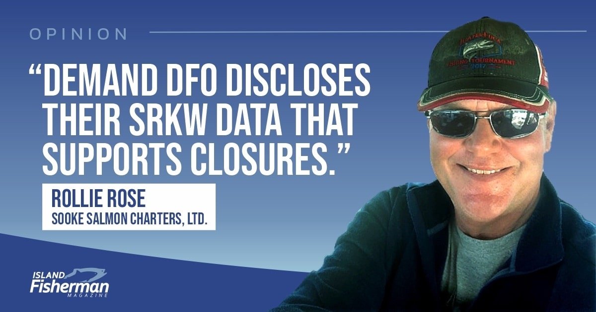 A man wearing sunglasses and a cap with a logo, smiling at the camera. Text overlay includes an opinion statement about salmon data.
