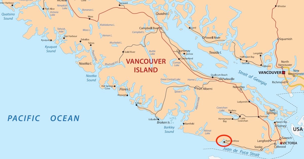 Map of Vancouver Island showing geographical features, towns, and waterways, including the Pacific Ocean and surrounding areas.