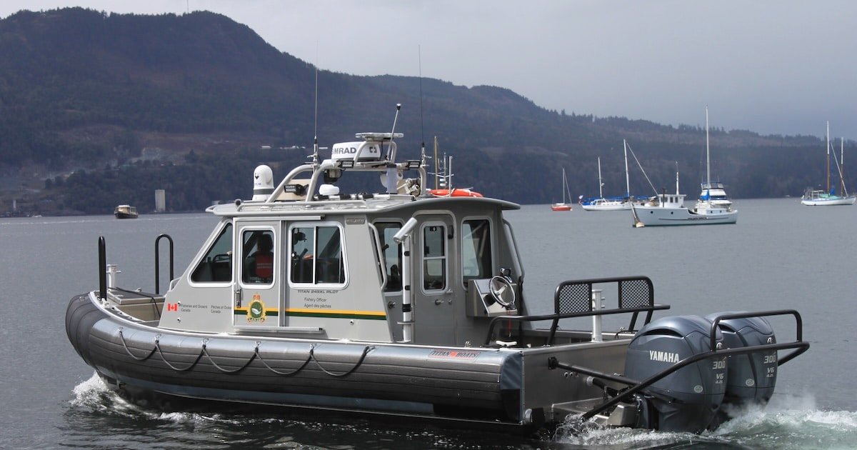 DFO officer vessel navigating water with a Yamaha outboard motor, designed for marine operations.